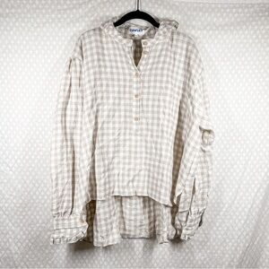 Cawley Tan White Gingham Long Sleeve Linen‎ Oversized Top